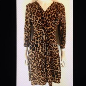 Chicos Stretch Leopard Print Gathered A Line Dress